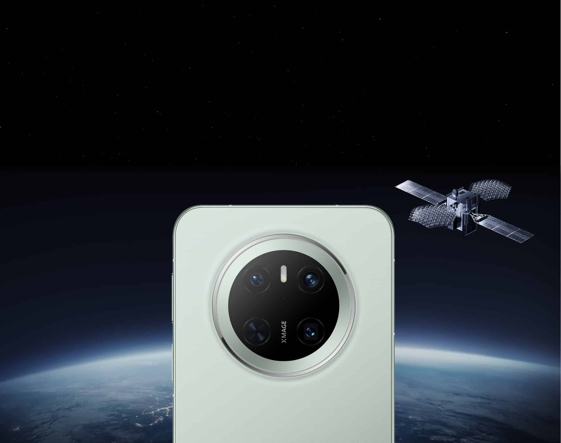 HUAWEI Mate 70 手机背面图放在卫星通信的背景里,展示发送卫星图片消息的功能