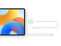 HUAWEI MatePad 11.5的平板 UX 图和手写笔，手写笔充电器正视图，体现笔的写绘自如